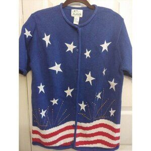 Quacker Factory Patriotic Flag July 4th Sweater Sz M Med Red Blue Stars Stripes